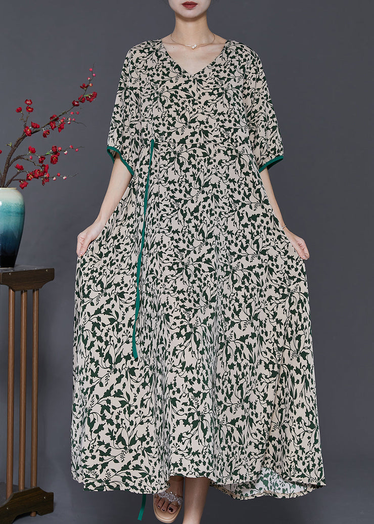 Unique Green Cinched Print Chiffon Long Dresses Summer