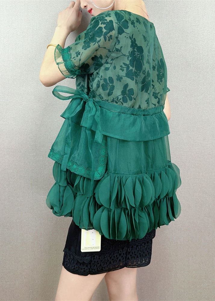 Unique Green Embroideried Decorated Patchwork Tulle Top Summer