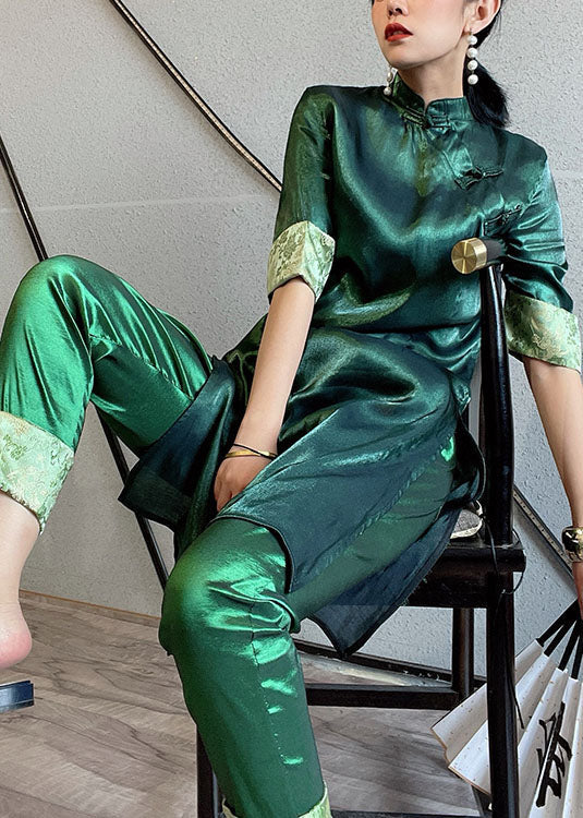 Unique Green Mandarin Collar Button Side Open Silk Chinese Style Two Pieces Set Short Sleeve