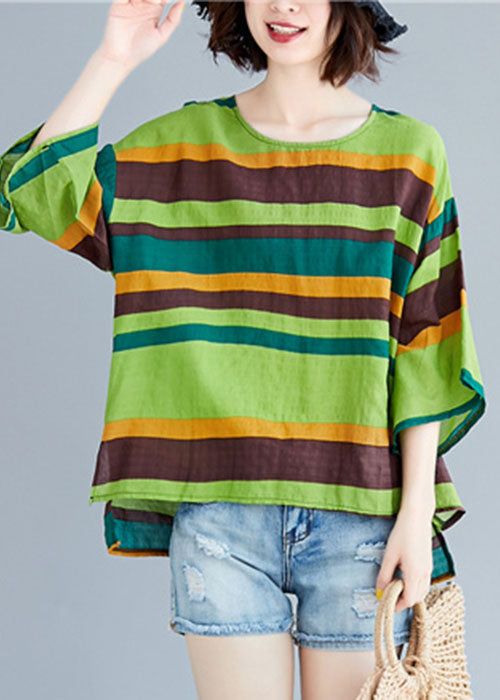 Unique Green O-Neck Asymmetrical Striped T Shirt Summer