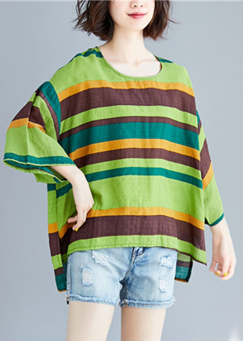 Unique Green O-Neck Asymmetrical Striped T Shirt Summer