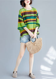 Unique Green O-Neck Asymmetrical Striped T Shirt Summer