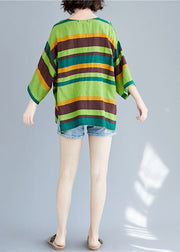 Unique Green O-Neck Asymmetrical Striped T Shirt Summer