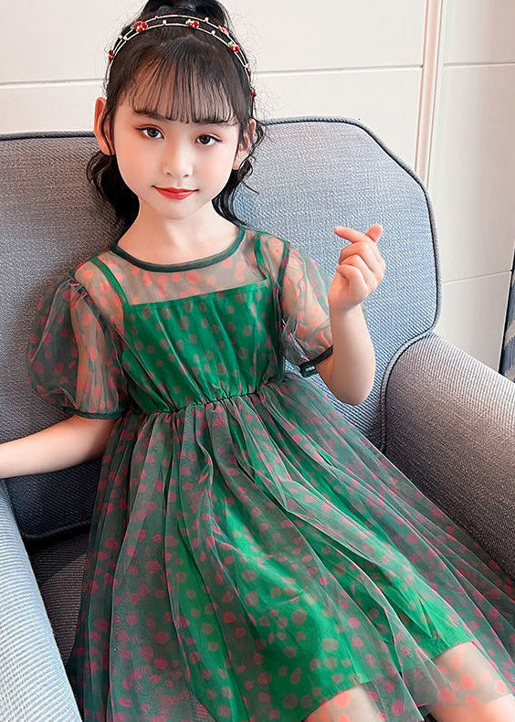 Unique Green O-Neck Dot Patchwork Tulle Girls Long Dress Summer