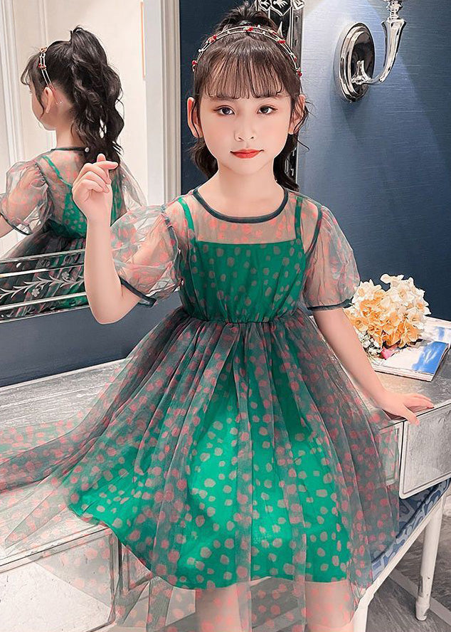 Unique Green O-Neck Dot Patchwork Tulle Girls Long Dress Summer