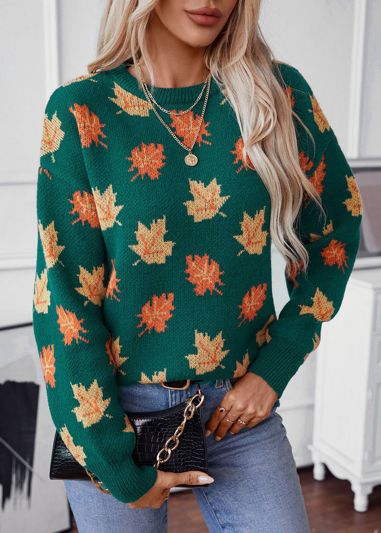 Unique Green O Neck Jacquard Thick Knit Sweaters Fall