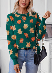 Unique Green O Neck Jacquard Thick Knit Sweaters Fall