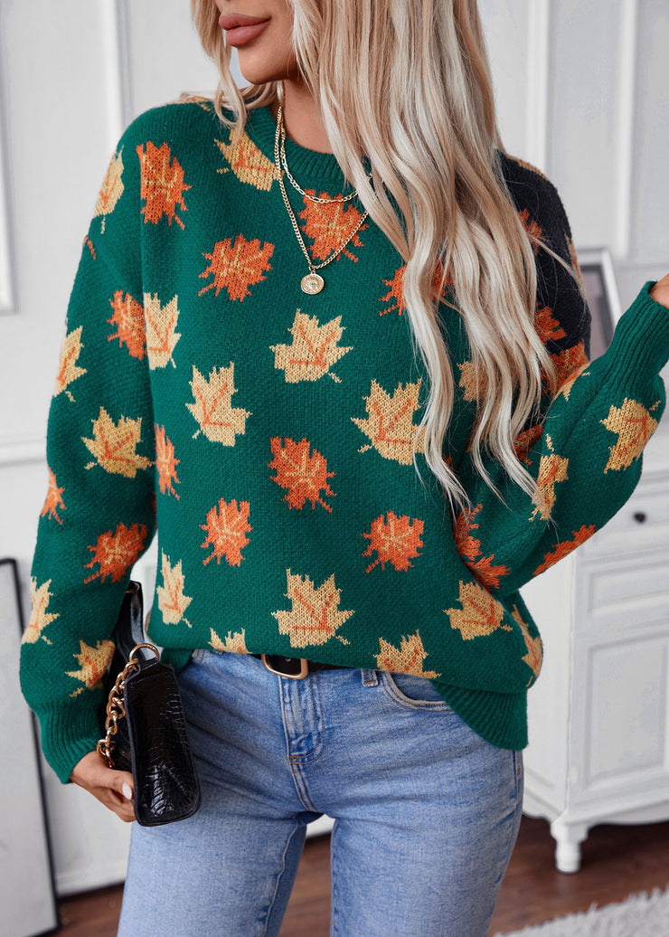 Unique Green O Neck Jacquard Thick Knit Sweaters Fall