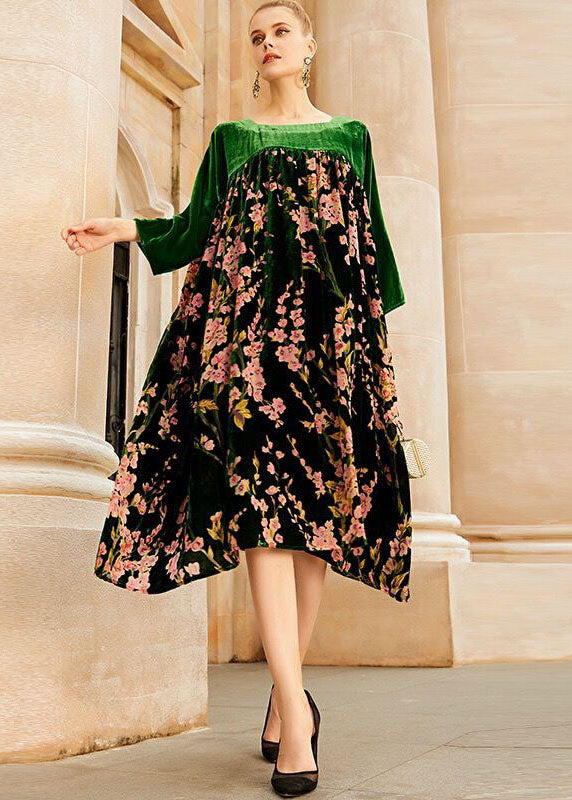 Unique Green O-Neck Patchwork Print Silk Velour Long Dresses Bracelet Sleeve