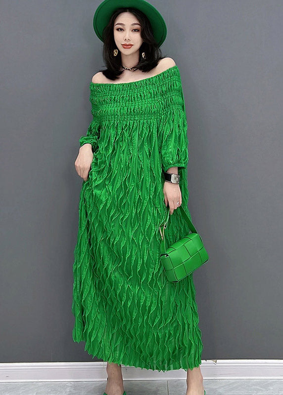 Unique Green O-Neck Wrinkled Silk Dresses Half Sleeve