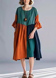Unique Green Orange Oversized Patchwork Cotton Dresses Summer