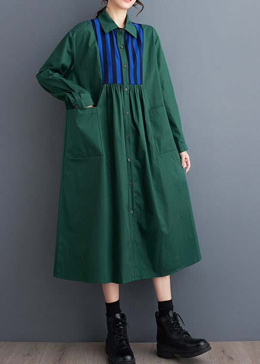 Unique Green Oversized Patchwork Cotton Shirt Dress Spring