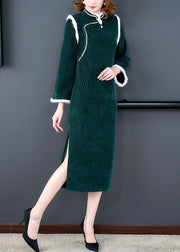 Unique Green Patchwork Side Open Thick Velour Maxi Dress Long Sleeve