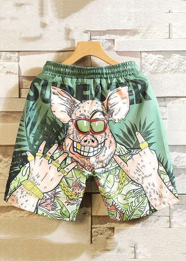 Unique Green Print Elastic Waist Cotton Mens Shorts Summer