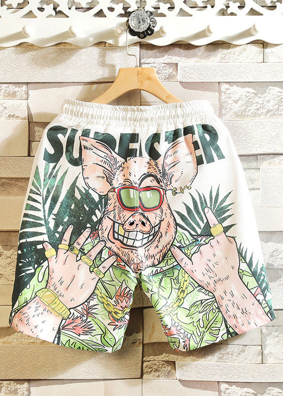 Unique Green Print Elastic Waist Cotton Mens Shorts Summer