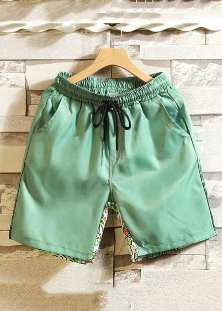 Unique Green Print Elastic Waist Cotton Mens Shorts Summer