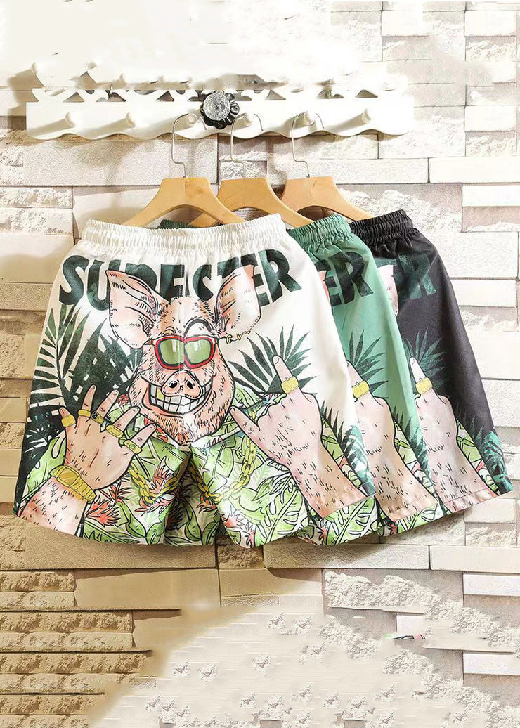 Unique Green Print Elastic Waist Cotton Mens Shorts Summer