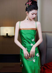 Unique Green Print High Waist Silk Slip Dress Summer