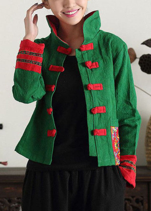 Unique Green Stand Collar Embroideried Patchwork Cotton Chinese Style Coats Spring