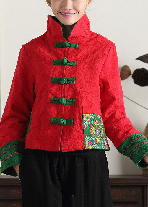 Unique Green Stand Collar Embroideried Patchwork Cotton Chinese Style Coats Spring