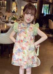 Unique Green Stand Collar Print Button Girls Mid Dresses Sleeveless