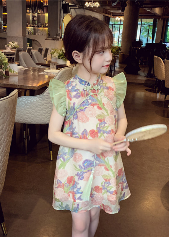 Unique Green Stand Collar Print Button Girls Mid Dresses Sleeveless