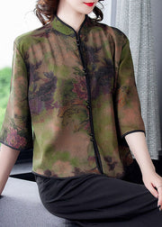 Unique Green Stand Collar Print Silk Shirt Tops Spring