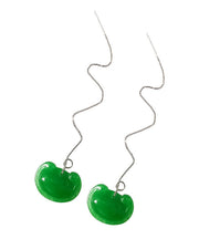 Unique Green Sterling Silver Dry Green Jade Ruyi Drop Earrings