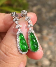 Unique Green Sterling Silver Inlaid Zircon Jade Peanut Drop Earrings