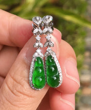 Unique Green Sterling Silver Inlaid Zircon Jade Peanut Drop Earrings