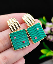 Unique Green Sterling Silver Overgild Inlaid Square Malachite Hoop Earrings