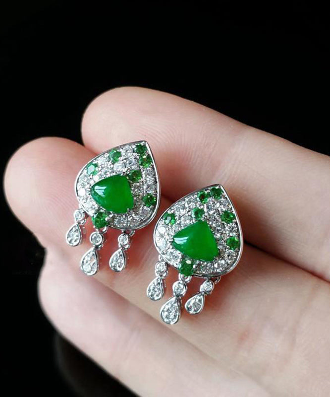 Unique Green Sterling Silver Zircon Icy Species Chalcedony Tassel Stud Earrings