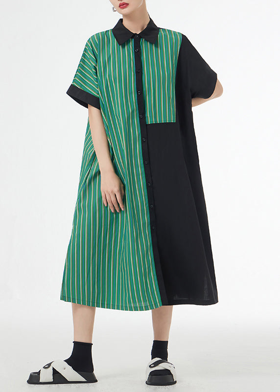 Unique Green Striped Asymmetrical Patchwork Cotton Shirt Dress Summer