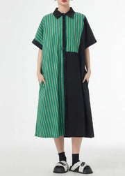 Unique Green Striped Asymmetrical Patchwork Cotton Shirt Dress Summer