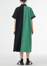 Unique Green Striped Asymmetrical Patchwork Cotton Shirt Dress Summer