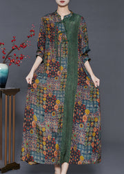 Unique Green Tasseled Patchwork Print Silk Oriental Dress Spring