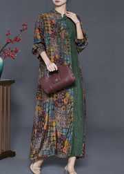 Unique Green Tasseled Patchwork Print Silk Oriental Dress Spring