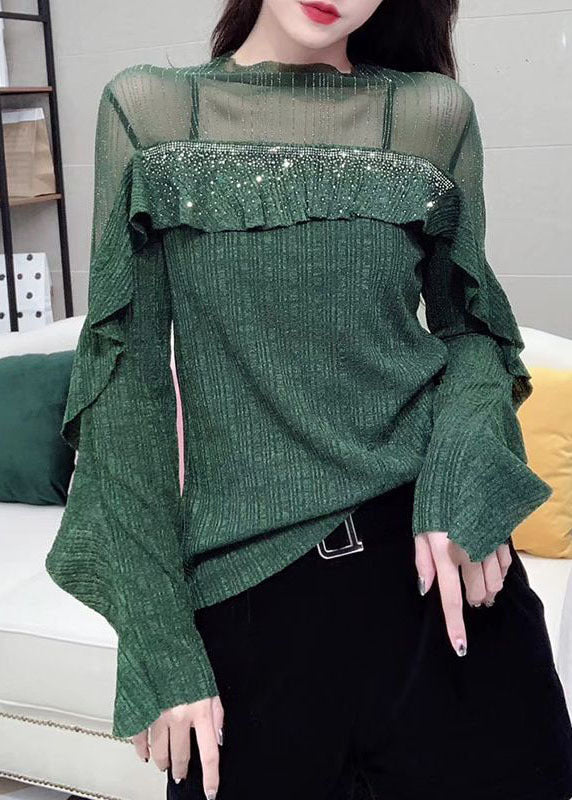 Unique Green Tulle Patchwork Ruffles Shirt Tops Long Sleeve