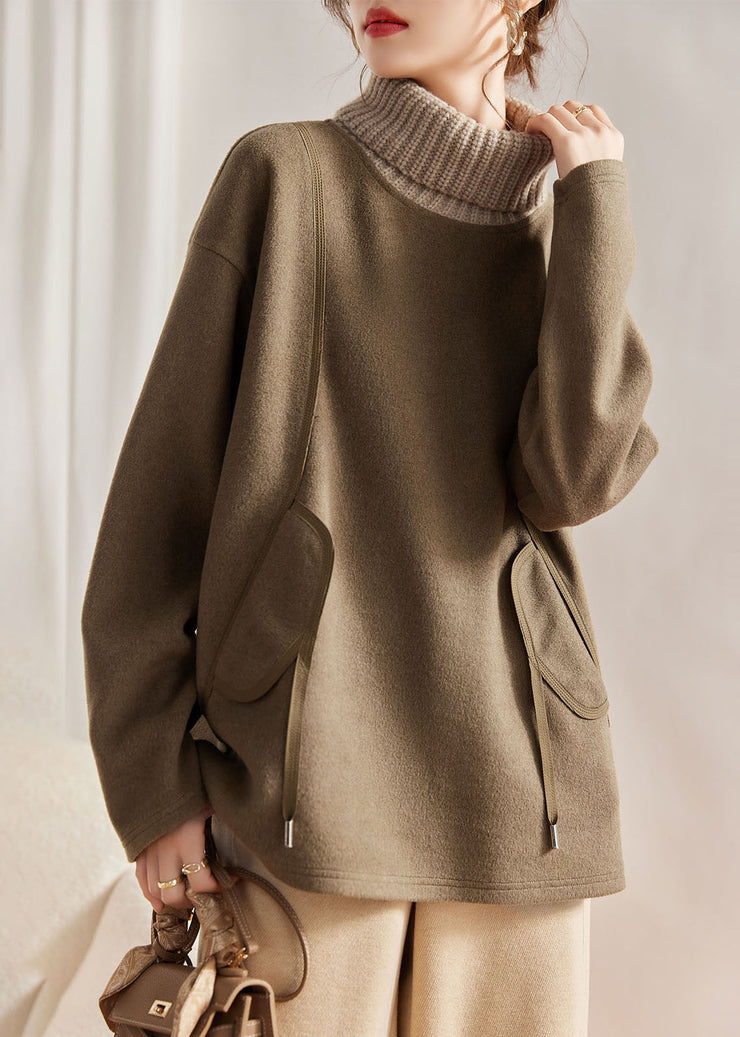 Unique Green Turtleneck Knit Patchwork Woolen Sweatshirts Long Sleeve