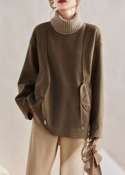 Unique Green Turtleneck Knit Patchwork Woolen Sweatshirts Long Sleeve