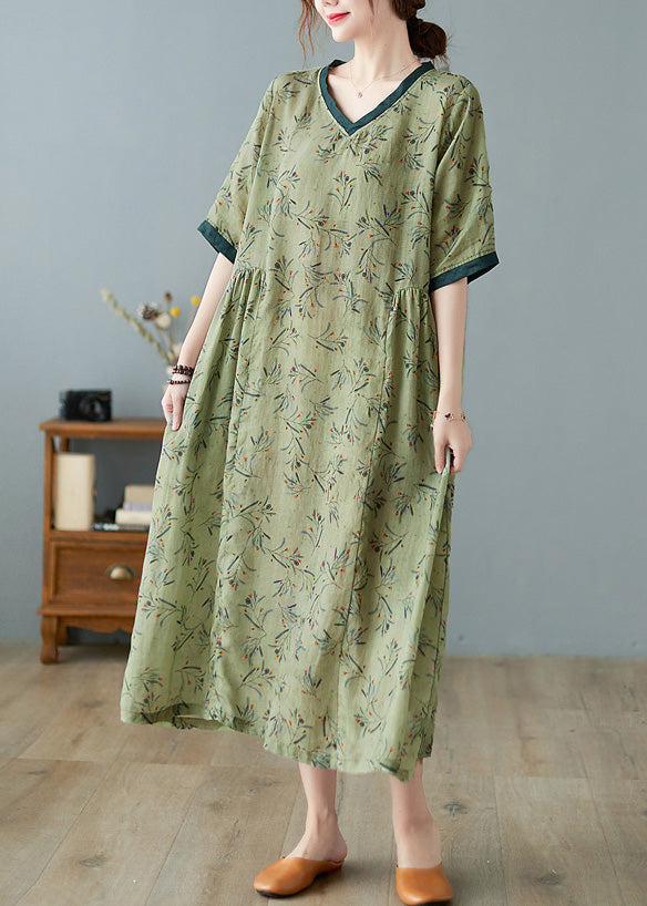 Unique Green V Neck Print Patchwork Linen Long Dress Summer