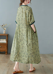 Unique Green V Neck Print Patchwork Linen Long Dress Summer