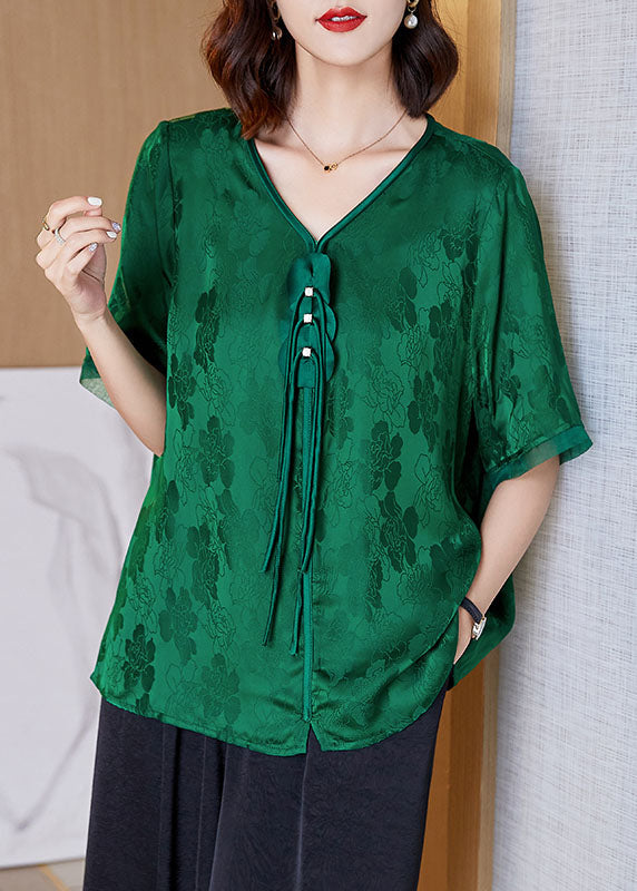 Unique Green V Neck Tassel Patchwork Jacquard Silk Shirt Short Sleeve