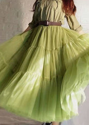 Unique Green Wrinkled Patchwork Tulle Skirt Summer