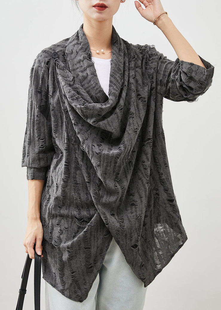 Unique Grey Asymmetrical Cotton Ripped Cardigans Spring