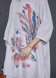 Unique Grey Asymmetrical Phoenix Print Linen Shirts Bracelet Sleeve