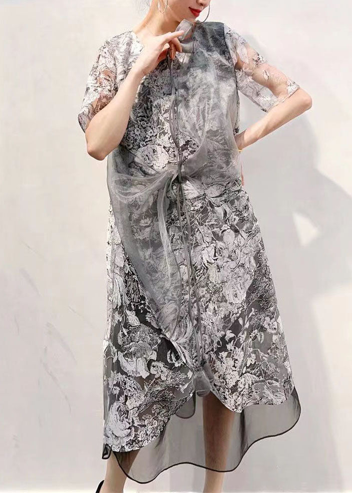 Unique Grey Bow Embroideried Patchwork Tulle Dress Summer