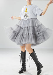 Unique Grey Cartoon Zircon Tulle Patchwork Cotton Party Dress Summer