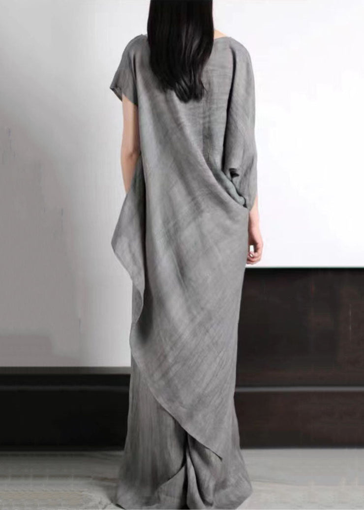 Unique Grey O-Neck Asymmetrical Patchwork Linen Women Sets 2 Pieces Summer