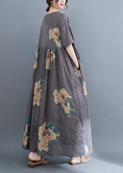 Unique Grey O-Neck Print Patchwork Robe Dresses Summer